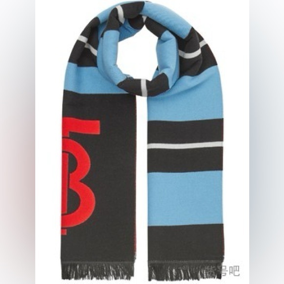Burberry double sided organic wool TB logo Raker stripe football scarf
